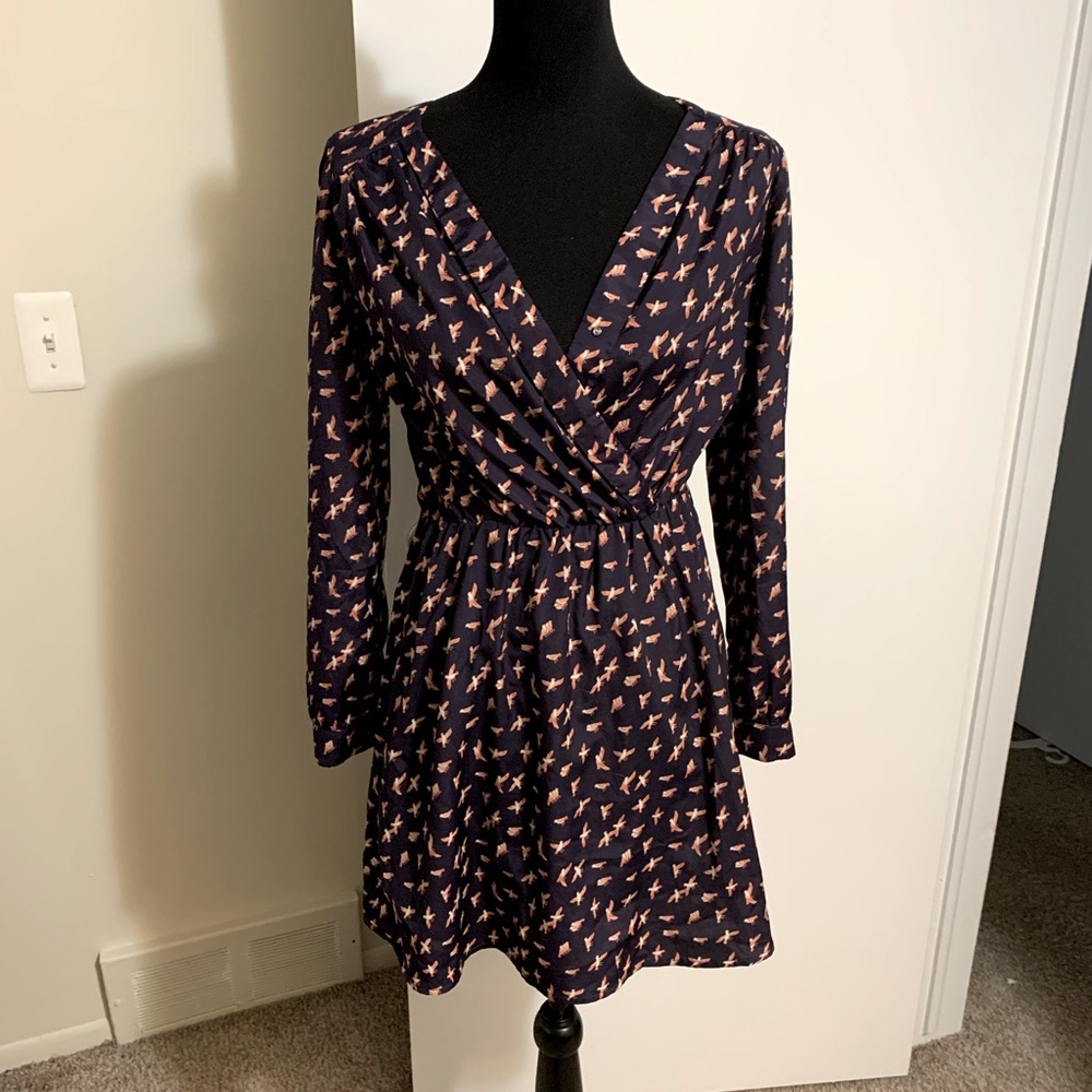 S Bar lll V Neck Long Sleeve MIDI Dress Blue with Orange Birds